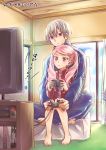  1boy 1girl bangs barefoot bekkourico blue_jacket blue_pants blush couple hair_between_eyes holding_game_controller indian_style indoors jacket kakumeiki_valvrave l-elf lieselotte_w_dorssia long_sleeves pants parted_bangs parted_lips pink_hair playing purple_eyes red_eyes red_jacket silver_hair sitting track_jacket track_pants twintails 