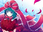  aqua_eyes aqua_hair arm_ribbon bad_id bad_pixiv_id blush bouquet bow flower frills front_ponytail hair_bow hair_ornament hair_ribbon holding kagiyama_hina long_hair rairateru ribbon rose short_sleeves solo touhou 