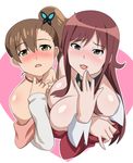  2girls akana_rui bare_shoulders blush breasts brown_hair bust butterfly choker chousoku_henkei_gyrozetter cleavage flat_chest green_eyes hair_ornament huge_breasts inaba_rinne long_hair looking_up makino_tomoyasu multiple_girls off_shoulder open_mouth pink_background red_hair side_ponytail simple_background smile upper_body white_background 