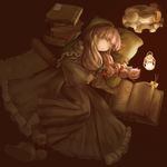  bad_id bad_pixiv_id book bookmark closed_eyes crescent hat hat_removed headwear_removed highres lantern long_hair monocle moroheiya_(takushiage) patchouli_knowledge purple_hair scroll simple_background sleeping solo touhou 