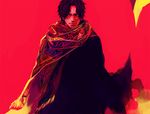  1boy alternate_costume arabian_clothes black_hair freckles male male_focus one_piece pixiv_thumbnail portgas_d_ace red_background resized robe sand scarf solo tsuyomaru 