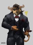  anthro charr clothed clothing eyemask facial_piercing felid fur guild_wars horn licantrox male mammal muscular muscular_male nose_piercing open_mouth piercing septum_piercing smile solo standing video_games 