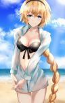  1girl beach black_bikini_top black_bow blonde_hair blue_eyes blue_sky blurry blurry_background blush bow braid braided_ponytail breasts cleavage cloud collarbone cowboy_shot eyebrows_visible_through_hair fate/grand_order fate_(series) hair_between_eyes hair_bow hands_together highres hood hood_down hooded_jacket interlocked_fingers jacket jeanne_d&#039;arc_(fate)_(all) jeanne_d&#039;arc_(swimsuit_archer) ka1se1 lens_flare long_hair looking_at_viewer medium_breasts ocean open_clothes open_jacket single_braid sky smile solo standing thigh_gap very_long_hair white_jacket 