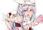  :d animal_ears breasts bunny_ears bunny_tail cleavage efyuru gloves headset idolmaster idolmaster_(classic) leaning long_hair medium_breasts open_mouth shijou_takane silver_hair smile solo tail white_gloves 