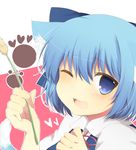  animal_ears ari_suzushi bad_id bad_pixiv_id blue_dress blue_eyes blue_hair blush bow cat_ears cat_tail cat_teaser cirno dress face fang hair_bow heart kemonomimi_mode looking_at_viewer one_eye_closed open_mouth paw_print smile solo tail touhou upper_body 
