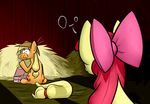  apple_bloom_(mlp) applejack_(mlp) blonde_hair bow box cowboy_hat cub cutie_mark duo equine female feral friendship_is_magic green_eyes hair hat hay horse looking_back mammal my_little_pony o_o pony red_hair sibling sisters sugar sugar_cube sugarcube surprise underpable young 