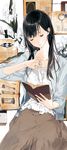  biblia_koshodou_no_jikentechou black_hair book bookmark chess_piece closed_eyes flower highres koshijima_hagu long_hair magnifying_glass official_art shinokawa_shioriko sleeves_pushed_up smile solo sweater 