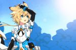  animated animated_png arm_up armor blonde_hair blue_background blue_eyes chung_seiker elsword gloves liht098hue long_hair male_focus ponytail shelling_guardian_(elsword) smile smoke solo surcoat symbol-shaped_pupils 
