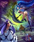  :d :o animal_ears arms_behind_back ass blue_eyes blue_hair breasts cat_ears dress elbow_gloves gloves green_legwear hair_ornament highres holding hoshi_no_gen kneeling long_hair looking_at_viewer medium_breasts multiple_girls nude open_mouth original pink_eyes purple_eyes purple_hair red_eyes red_hair sitting smile thighhighs very_long_hair weapon white_legwear 