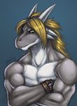  anthro biceps big_muscles blonde_hair bracelet bracer crossed_arms dragon green_eyes grey_skin grey_theme grin hair horn ivybeth jewelry long_hair looking_at_viewer male muscles pecs reptile rex scales scalie signature smile topless white_skin wristband 