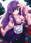  1girl :o absurdres apron arm_up arrow_print blue_eyes breasts chestnut_mouth erect_nipples flower hakama highres impossible_clothes japanese_clothes lolita_fashion maid_headdress miyama-zero moire purple_hair red_rose rose wa_lolita wa_maid white_rose yagasuri 