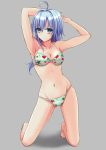  1girl ahoge armpits barefoot blue_hair bra breasts cleavage collarbone eyebrows_visible_through_hair floating_hair full_body green_eyes grey_background groin hair_between_eyes heart heart_print k3rd kneeling long_hair medium_breasts navel original panties print_bra print_panties shiny shiny_hair shiny_skin simple_background solo star star_print underwear underwear_only 