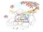  :&lt; animal_ears autumn_leaves baku_taso blue_hair blue_sky blush board_game chibi colored_pencil_(medium) forest hat inubashiri_momiji kawashiro_nitori mountain multiple_girls nature pillow river rock shirt shougi silver_hair sitting skirt sky smile tail tokin_hat touhou traditional_media two_side_up watercolor_(medium) wolf_ears wolf_tail 