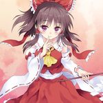  ascot blush brown_hair detached_sleeves finger_to_mouth gohei hair_tubes hakurei_reimu highres holding long_hair pink_eyes rasahan smile solo touhou 