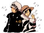  2boys back-to-back back_to_back cold earmuffs gigologic hat jacket male male_focus mittens monkey_d_luffy multiple_boys one_piece pixiv_thumbnail punk_hazard resized straw_hat striped_clothes trafalgar_law 