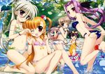  5girls :d ;d absurdres adjusting_clothes adjusting_swimsuit ass barefoot bikini blonde_hair blue_eyes blush bow bracelet breasts corona_timir crease einhart_stratos feet flat_chest front-tie_top fujima_takuya green_eyes green_hair hair_bow heterochromia highres innertube jewelry long_hair lutecia_alpine lyrical_nanoha mahou_shoujo_lyrical_nanoha mahou_shoujo_lyrical_nanoha_vivid multiple_girls navel one-piece_swimsuit one_eye_closed open_mouth print_bikini purple_eyes purple_hair red_eyes rio_wezley scan side-tie_bikini smile soles star star_print swimsuit twintails vivio wading water waterfall wink 