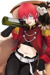  alcohol belt blue_eyes blush earrings epaulettes fingerless_gloves fingernails gloves grin jewelry lips lipstick looking_at_viewer magatama magatama_earrings makeup mekira_(ninku) midriff monkey ninku red_hair redlight short_hair sitting smile solo wine 