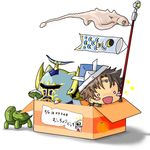  2boys :d armor birostris blush_stickers box brown_hair butz_klauser cameo cardboard_box chibi commentary dissidia_final_fantasy exdeath final_fantasy final_fantasy_v helmet in_box in_container japanese_armor kabuto kashiwa_mochi_(food) kodomo_no_hi koinobori lance multiple_boys nigou_(equal1014) o_o open_mouth origami paper_hat paper_kabuto polearm simple_background smile tears tortoise translation_request turtle weapon white_background 