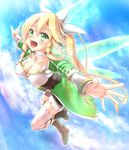 :d asahi_(ge_nyu) black_legwear blonde_hair blush braid breasts collarbone flying green_eyes highres large_breasts leafa long_hair open_mouth outstretched_arms sky smile solo sunlight sword_art_online thighhighs twin_braids white_legwear wings 