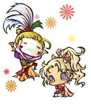  1boy 1girl ahoge blonde_hair cape cefca_palazzo chibi commentary dissidia_final_fantasy feathers final_fantasy final_fantasy_vi hair_ribbon lowres nigou_(equal1014) open_mouth ponytail purple_eyes ribbon sitting smile tina_branford wariza 