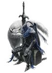  animal armor artorias_the_abysswalker cape chainmail cloak dark_souls diolemonde full_armor great_grey_wolf_sif helmet highres huge_weapon knight male_focus oversized_animal pet shield simple_background sitting solo souls_(from_software) sword treasure_chest weapon white_background wolf 