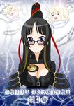  akiyama_mio bayonetta bayonetta_(character) bayonetta_(character)_(cosplay) black_hair blue_eyes breasts cleavage cleavage_cutout cosplay eunos glasses happy_birthday k-on! kotobuki_tsumugi large_breasts parody revision 