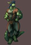  abstract_background anthro beard ben-ben biceps blue_hair brown_background bulge clothing dragon facial_hair green_eyes green_skin grey_background hair horn male muscles pants pecs plain_background pose scales scalie shirt solo vein 