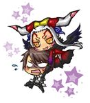  1girl belt belt_buckle brown_hair buckle carrying chibi commentary dissidia_final_fantasy dress facial_mark final_fantasy final_fantasy_viii flying horns lowres nigou_(equal1014) no_pupils open_mouth scar smile squall_leonhart star ultimecia white_hair wings yellow_eyes 