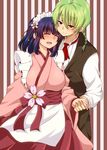  1girl bad_id bad_pixiv_id blue_hair blush braid breasts closed_eyes couple flower gradient_hair green_hair hair_tie hetero highres holding_hands japanese_clothes jinguu_shion kamihara_ichi kimono large_breasts multicolored_hair natsu_hotaru open_mouth original purple_hair red_eyes short_hair single_braid smile striped striped_background vest wa_maid 