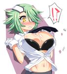  1girl black_bra blush bra breasts bursting_breasts buttons cleavage eyepatch flying_button green_hair large_breasts navel otonashi_kiruko popped_button shinmai_fukei_kiruko-san shinozuka_atsuto short_hair solo surprised underwear wardrobe_malfunction yellow_eyes 