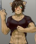  ?? anthro biceps brown_fur chest_tuft clothing eyewear feline flexing fur glasses green_eyes hair lion male mammal matsuya muscles pecs plain_background pose scissors shirt shirt_lift solo tuft 