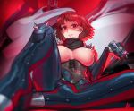  1girl :d areolae biker_clothes bikesuit black_bodysuit bodysuit breasts breasts_apart erica_june_lahaie eyelashes high_heels highres huge_filesize large_areolae large_breasts lips looking_at_viewer niijima_makoto nipples no_bra open_mouth persona persona_5 pink_lips red_eyes short_hair smile solo spikes spread_legs 