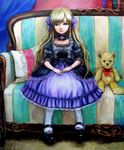  blonde_hair bracelet child couch doll_joints dress green_eyes hair_ribbon jewelry long_hair mary_janes oil_painting_(medium) original pantyhose realistic resized revision ribbon shoes solo stuffed_animal stuffed_toy tafuto teddy_bear traditional_media 