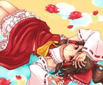  ascot bloomers bow brown_hair detached_sleeves flower hair_bow hair_tubes hakurei_reimu hand_over_face long_hair lying nugaa on_back red_eyes solo touhou underwear 