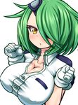  1girl amau_(artist) amau_(kosmos) blush breast_squeeze breasts bust cleavage erect_nipples eyepatch gloves green_hair hair_ornament hair_over_one_eye huge_breasts impossible_clothes impossible_shirt large_breasts looking_up open_mouth otonashi_kiruko ringed_eyes shinmai_fukei_kiruko-san shirt short_hair simple_background solo taut_clothes taut_shirt uniform upper_body white_background yellow_eyes 