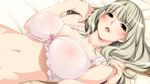  1girl bare_shoulders bed black_eyes blush bra breasts cleavage game_cg grey_hair hadashi_shoujo huge_breasts kareshi_inai_reki_=_nenrei kasane_rinzu lipstick long_hair looking_at_viewer lying makeup navel pink_bra sweat underwear 