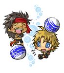  2boys anger_vein blitzball blonde_hair blue_eyes brown_hair chibi closed_eyes commentary crossed_arms dissidia_final_fantasy facial_hair father_and_son final_fantasy final_fantasy_x headband jecht laughing lowres multiple_boys navel nigou_(equal1014) open_mouth scar sitting standing tidus topless 