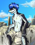  blue_hair clothed clothing fish hair male marine outside saphie_the_shark shark smile solo standing topless 