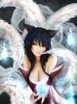  ahri animal_ears bare_shoulders black_hair breasts cleavage clothed clothing female hair league_of_legends lips multiple_tails open_mouth saliva saliva_string solo tail yellow_eyes zhang_xiao_bo 