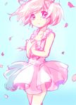  hair_ribbon kaname_madoka mahou_shoujo_madoka_magica petals pink_hair pink_skirt ribbon short_twintails skirt solo tears twintails wind yamada_ako 