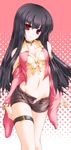  akatsuki_shimeji bad_id bad_pixiv_id bell bell_collar belly belt black_hair bow bra breasts cleavage collar collarbone contrapposto error groin halftone halftone_background houraisan_kaguya leg_belt long_hair long_sleeves looking_at_viewer medium_breasts midriff navel open_clothes open_shirt open_shorts panties purple_panties red_eyes shirt short_shorts shorts solo standing thigh_strap touhou underwear very_long_hair wide_sleeves yellow_bra 