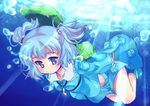  backpack bag blue_eyes blue_hair blush boots bubble hair_bobbles hair_ornament hat hat_removed headwear_removed kajio_(maburo) kawashiro_nitori key midriff open_mouth revision short_hair skirt solo touhou two_side_up underwater water 