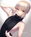 1girl arm_up artoria_pendragon_(all) bangs bare_arms bare_shoulders black_sweater blonde_hair blush braid breasts clothes_tug collarbone crown_braid expressionless eyebrows_visible_through_hair fate_(series) hair_between_eyes hair_ribbon hand_up hiiragiyun light_particles long_hair looking_at_viewer medium_breasts meme_attire ribbed_sweater ribbon saber_alter sidelocks solo sweater sweater_tug turtleneck turtleneck_sweater twitter_username virgin_killer_sweater yellow_eyes 