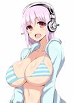  :d bikini blush breasts collarbone headphones huge_breasts ishioto long_hair nitroplus open_clothes open_mouth pink_hair red_eyes simple_background smile solo striped striped_bikini super_sonico swimsuit white_background 