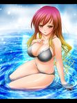  bikini black_bikini blonde_hair blush breasts cleavage collarbone covered_nipples gradient_hair hand_on_breast highres hijiri_byakuren large_breasts letterboxed long_hair looking_at_viewer multicolored_hair orange_eyes purple_eyes purple_hair rekurieeru sitting smile solo sparkle submerged swimsuit touhou water yellow_eyes 