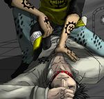 2boys hat hat_removed headwear_removed lowres male male_focus multiple_boys one_piece penguin_(one_piece) straddle straddling tattoo trafalgar_law yaoi 