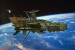  80s antennae arcadia cannon dias-tajima earth epic flag harlock_saga highres horizon jolly_roger no_humans oldschool orbit photo_background pirate planet realistic science_fiction skull_and_crossbones space space_craft space_pirate uchuu_kaizoku_captain_harlock waga_seishun_no_arcadia 