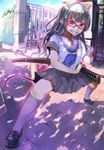  aura bad_id bad_pixiv_id dappled_sunlight fang glasses grin hime_cut holding horns katana loafers long_hair original pink_eyes ready_to_draw revision school_uniform serafuku sheath sheathed shoes silver_hair skirt slit_pupils smile solo sunlight sword tail tree_shade umeboshitora weapon 