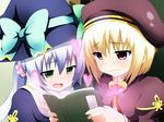  blonde_hair blue_hair blush book bow green_eyes hat hat_bow heart houtou koihime_musou long_hair multiple_girls nemo_(piisukun) open_mouth purple_eyes shokatsuryou short_hair smile wavy_mouth witch_hat 