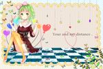  bad_id bad_pixiv_id balloon bow checkered checkered_floor convenient_leg dress green_eyes green_hair gumi hair_bow heart heart_balloon heart_of_string knees_together_feet_apart kurage_(youmaycry) looking_at_viewer pink_footwear polka_dot polka_dot_dress red_string scissors shoes sitting solo string thighhighs vocaloid yellow_legwear 